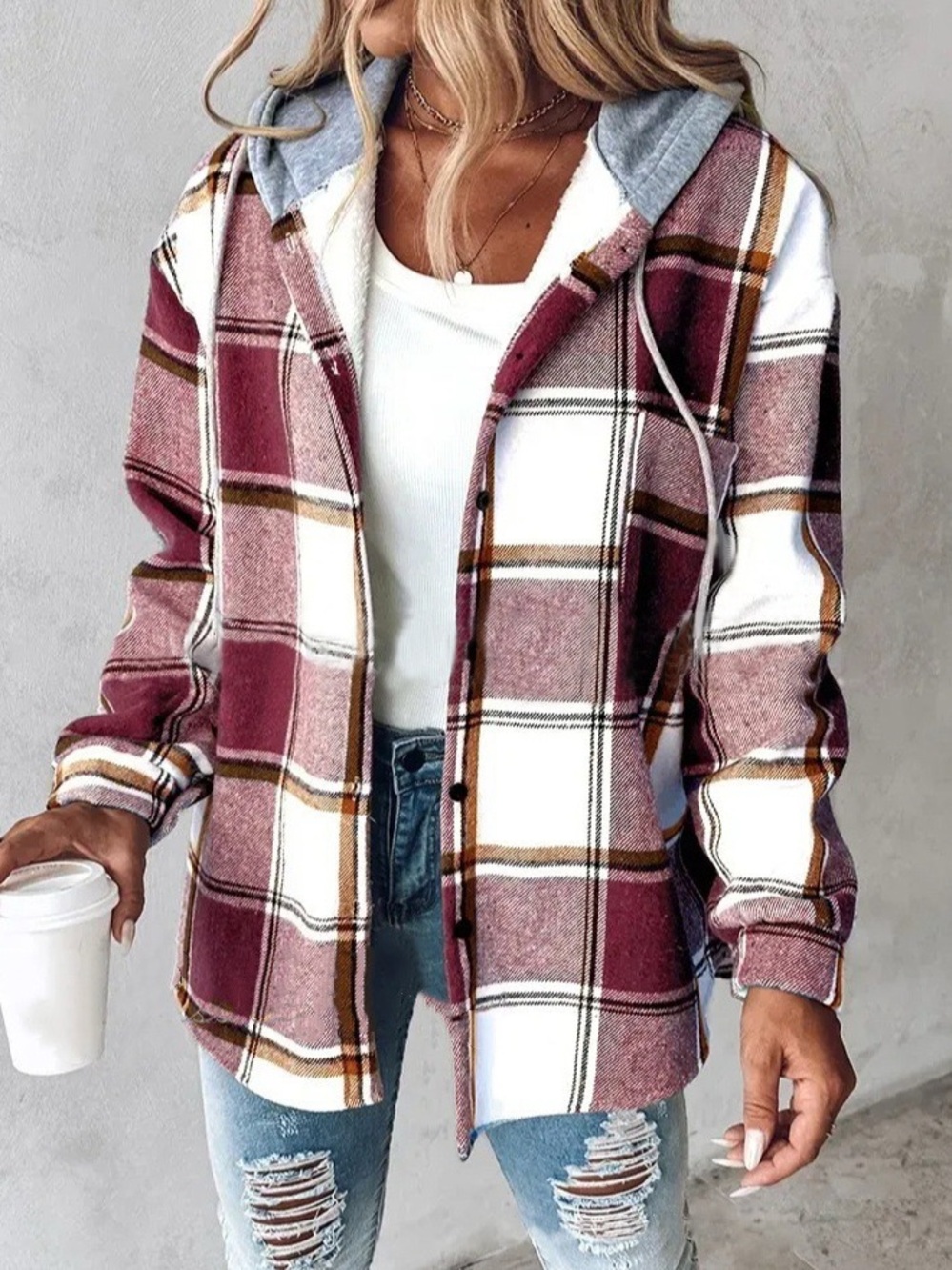 Plaid Hooded Utility Shacket in Burgundy and White